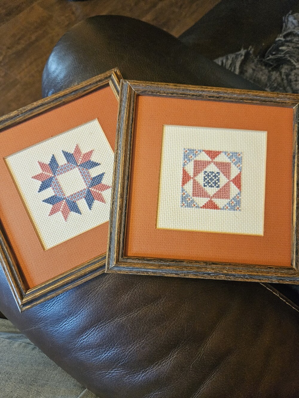 2 Framed Cross Stitch- Quilt Squares-Folk Art Needlepoint Rustic Cabin...
